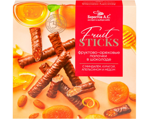 Конфеты БЕРЕСТОВ А.С. Fruit Sticks с курагой и миндалем, в шоколадной глазури, 175г, Россия, 175 г