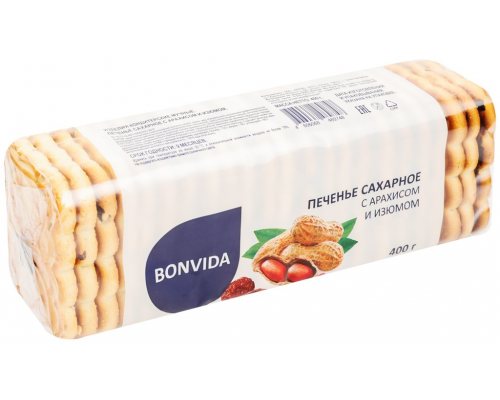 Печенье сахарное BONVIDA с арахисом и изюмом, 400г, Россия, 400 г