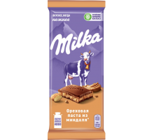 Шоколад молочный MILKA с добавлением ореховой пасты и с дробленым карамелизированным миндалем, 85г, Россия, 85 г