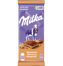 Шоколад молочный MILKA с добавлением ореховой пасты и с дробленым карамелизированным миндалем, 85г, Россия, 85 г