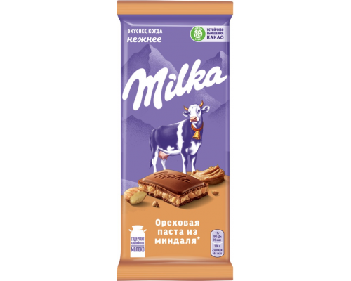 Шоколад молочный MILKA с добавлением ореховой пасты и с дробленым карамелизированным миндалем, 85г, Россия, 85 г