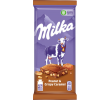 Шоколад молочный MILKA с арахисом, кусочками хрустящей карамели, рисовыми шариками и кукурузными хлопьями, 90г, Болгария, 90 г