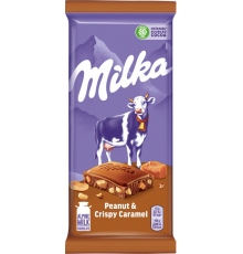 Шоколад молочный MILKA с арахисом, кусочками хрустящей карамели, рисовыми шариками и кукурузными хлопьями, 90г, Болгария, 90 г