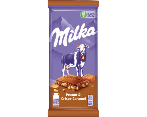 Шоколад молочный MILKA с арахисом, кусочками хрустящей карамели, рисовыми шариками и кукурузными хлопьями, 90г, Болгария, 90 г